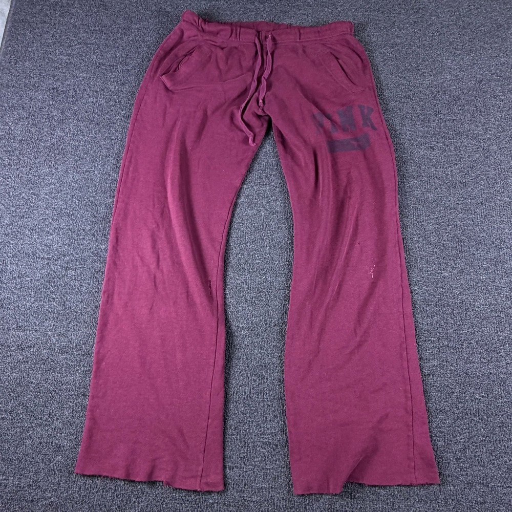 PINK Sweatpants Womens M Wide Leg Maroon Logo Pockets Drawstring Relaxed Fair